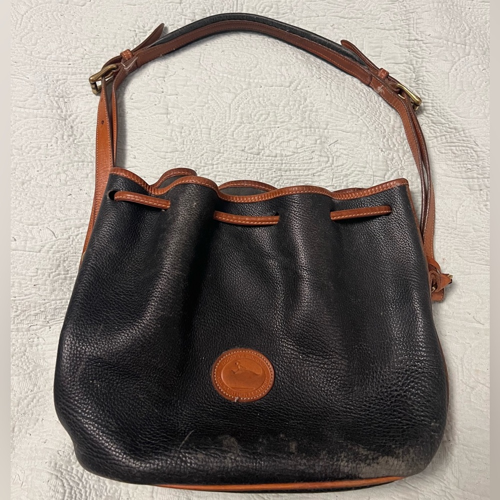 Dooney & Bourke All Weather Leather Drawstring Purse Vintage Black Brown Bag